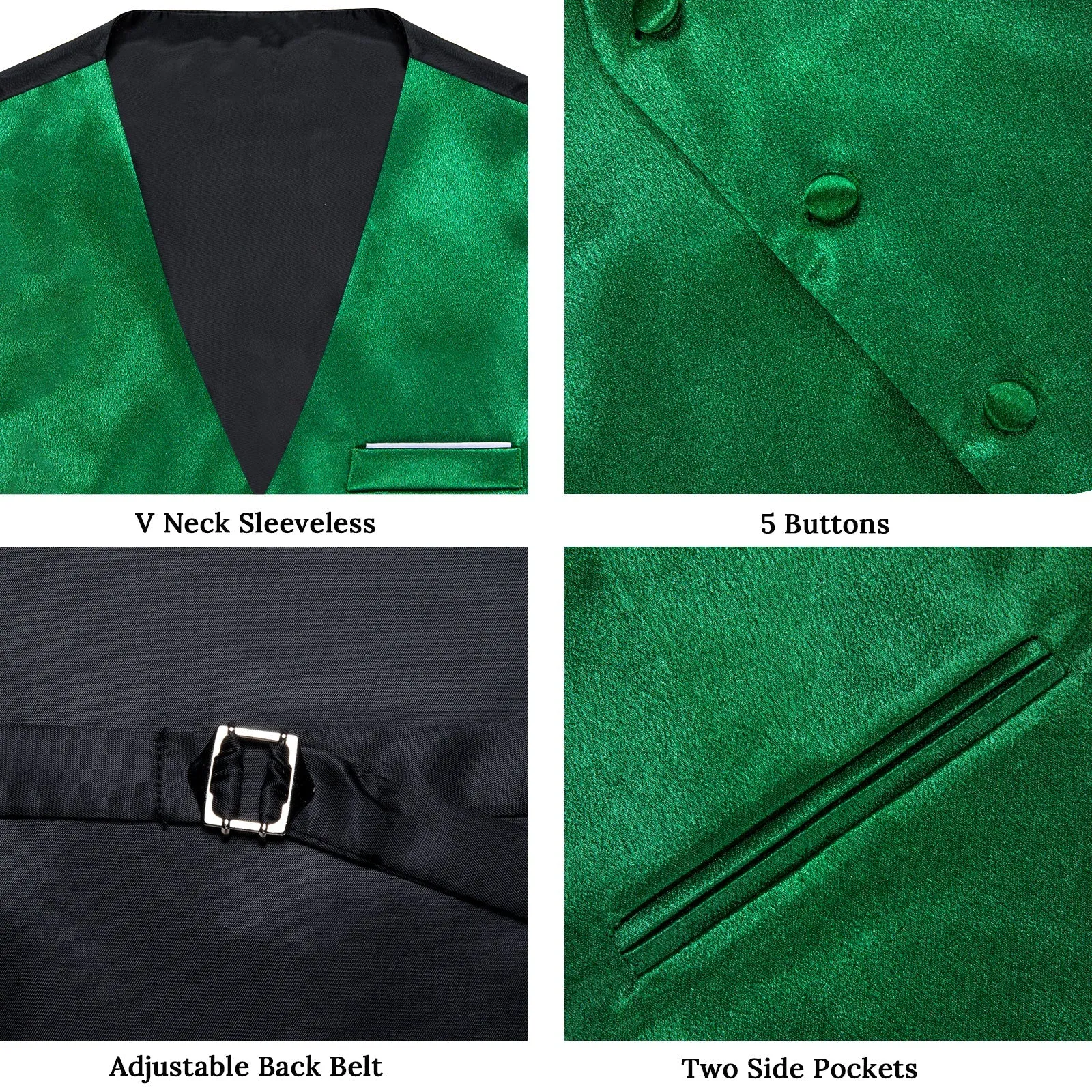 Green Solid Shining Silk Men Vest Necktie Bow Tie Handkerchief Cufflinks Set