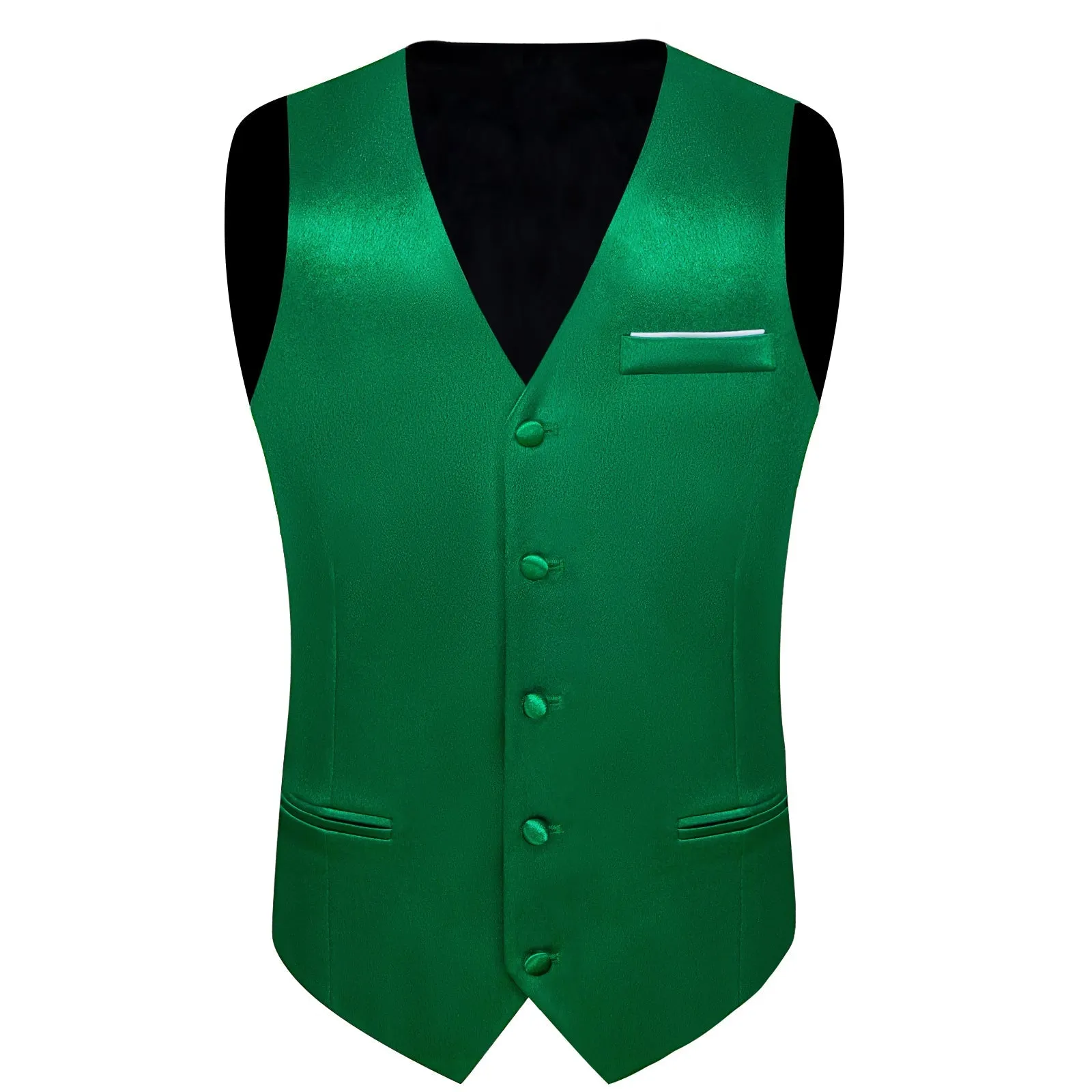 Green Solid Shining Silk Men Vest Necktie Bow Tie Handkerchief Cufflinks Set