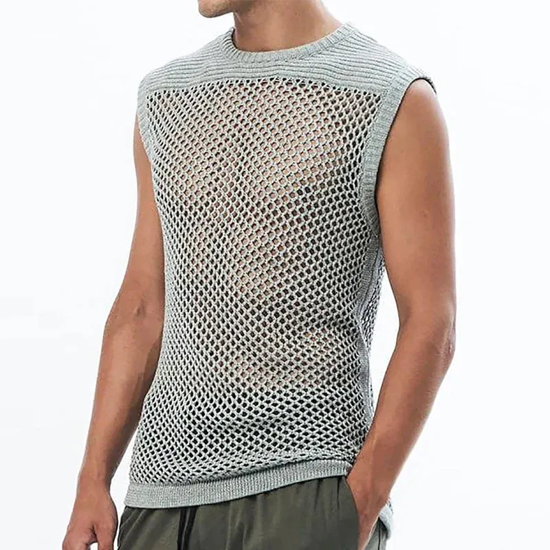 Jinquedai  2024 Spring New Men Tank Tops Sexy Hollow Out See Through Mesh Vest For Mens Fashion Solid Color Sleeveless Knitted Camisole Man