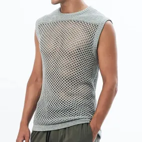 Jinquedai  2024 Spring New Men Tank Tops Sexy Hollow Out See Through Mesh Vest For Mens Fashion Solid Color Sleeveless Knitted Camisole Man