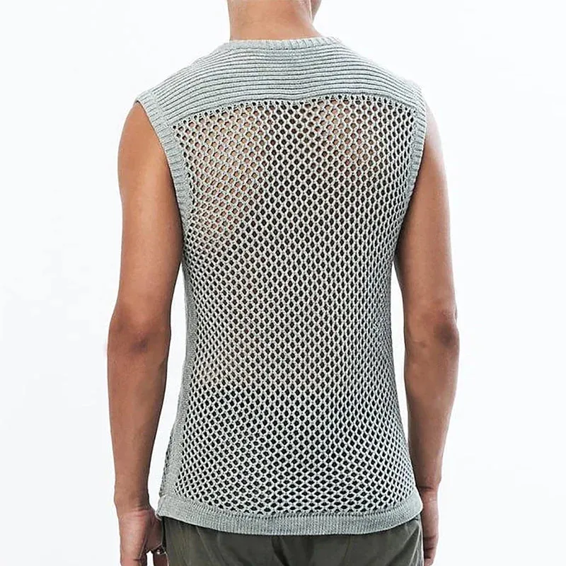 Jinquedai  2024 Spring New Men Tank Tops Sexy Hollow Out See Through Mesh Vest For Mens Fashion Solid Color Sleeveless Knitted Camisole Man