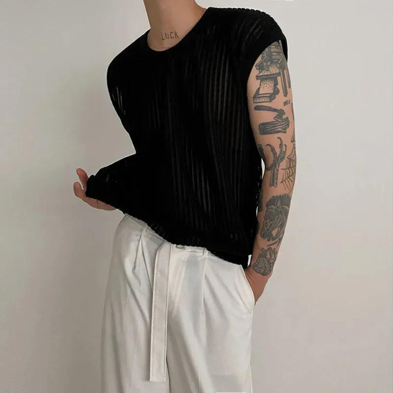 Jinquedai Y2K Style Hollow Out Knitted Tank Tops Men Summer New Fashion Streetwear O Neck Sleeveless Knit Vest Leisure Mens Knit Camisoles