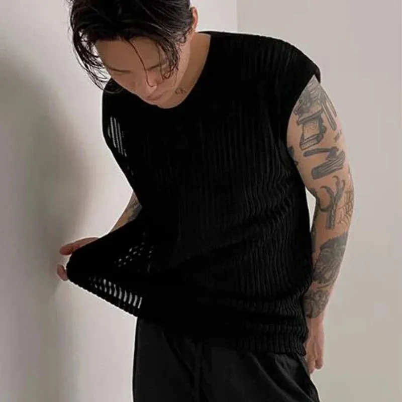 Jinquedai Y2K Style Hollow Out Knitted Tank Tops Men Summer New Fashion Streetwear O Neck Sleeveless Knit Vest Leisure Mens Knit Camisoles