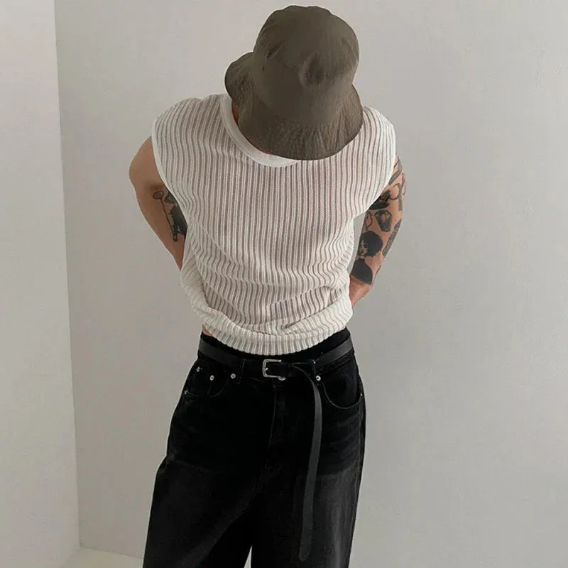 Jinquedai Y2K Style Hollow Out Knitted Tank Tops Men Summer New Fashion Streetwear O Neck Sleeveless Knit Vest Leisure Mens Knit Camisoles