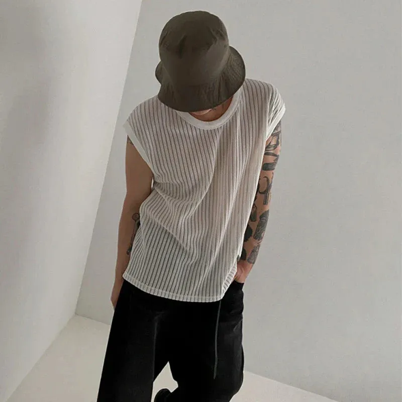Jinquedai Y2K Style Hollow Out Knitted Tank Tops Men Summer New Fashion Streetwear O Neck Sleeveless Knit Vest Leisure Mens Knit Camisoles