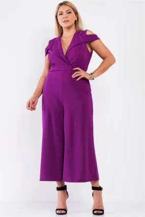Junior Plus Magenta Sleeveless Collared Plunging V-Neck Wide Leg Jumpsuit /1-1-1