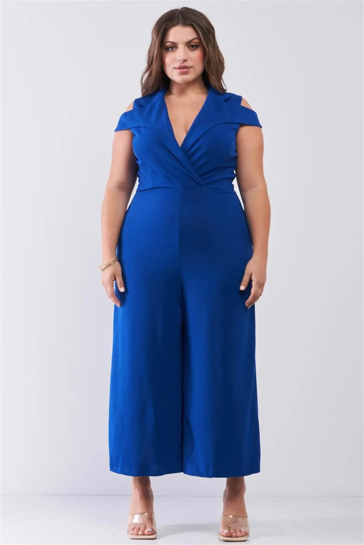 Junior Plus Royal Blue Sleeveless Collared Plunging V-Neck Wide Leg Jumpsuit /1-1-1