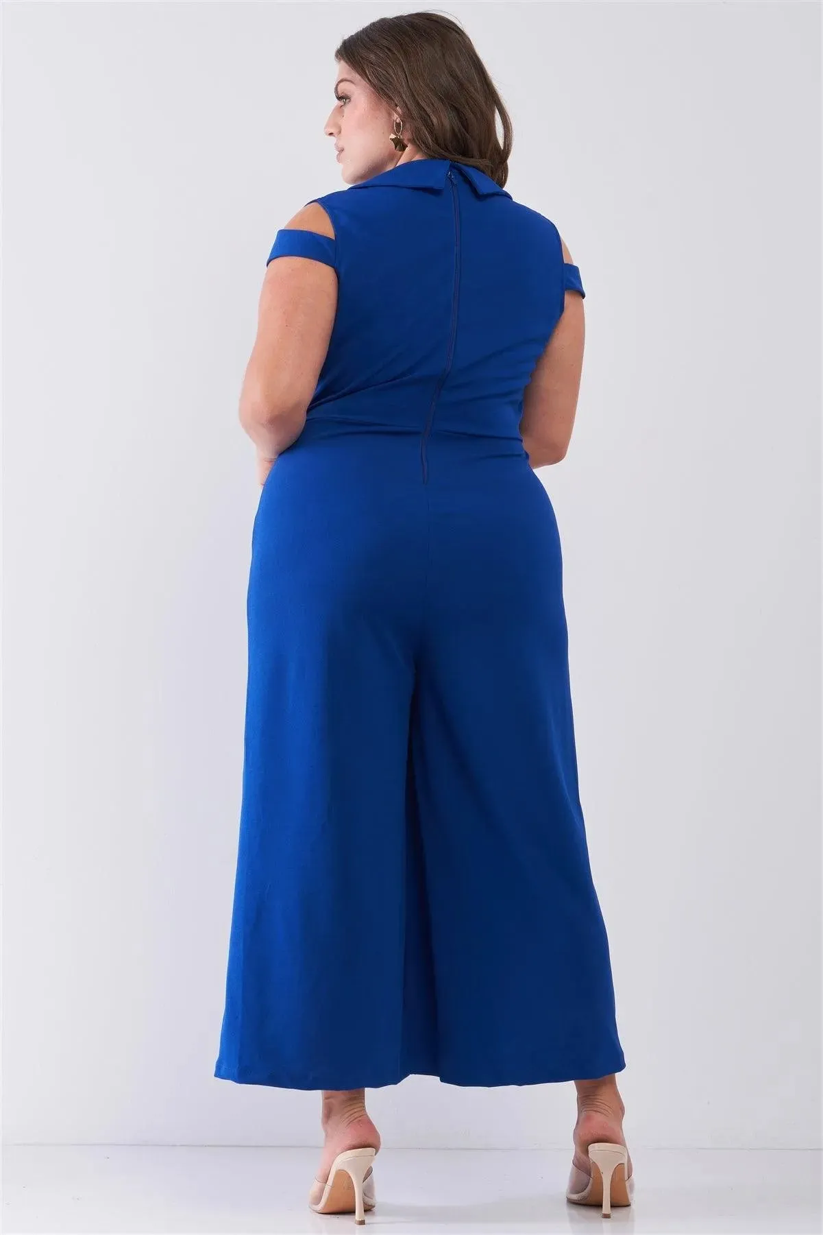 Junior Plus Royal Blue Sleeveless Collared Plunging V-Neck Wide Leg Jumpsuit /1-1-1