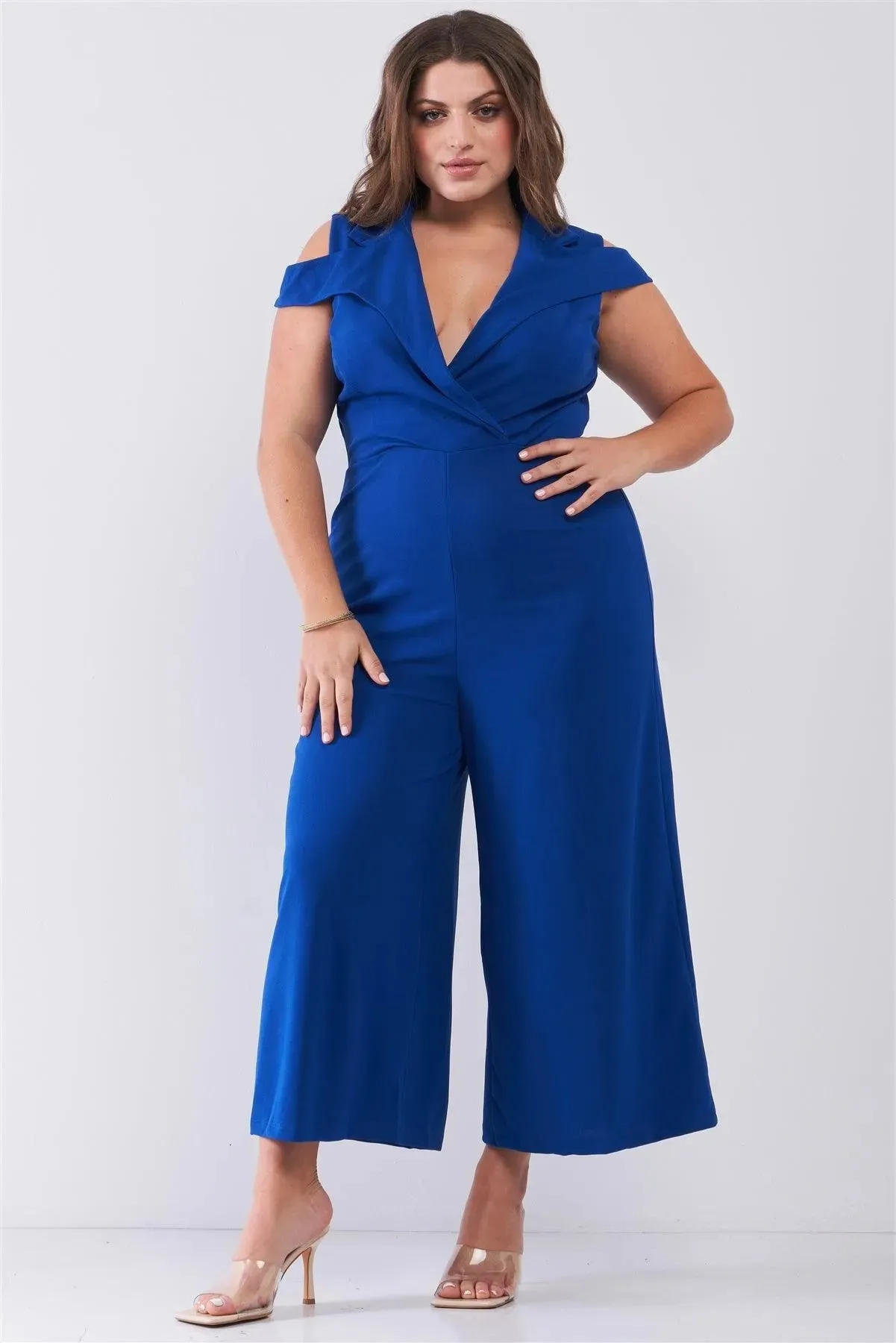 Junior Plus Royal Blue Sleeveless Collared Plunging V-Neck Wide Leg Jumpsuit /1-1-1