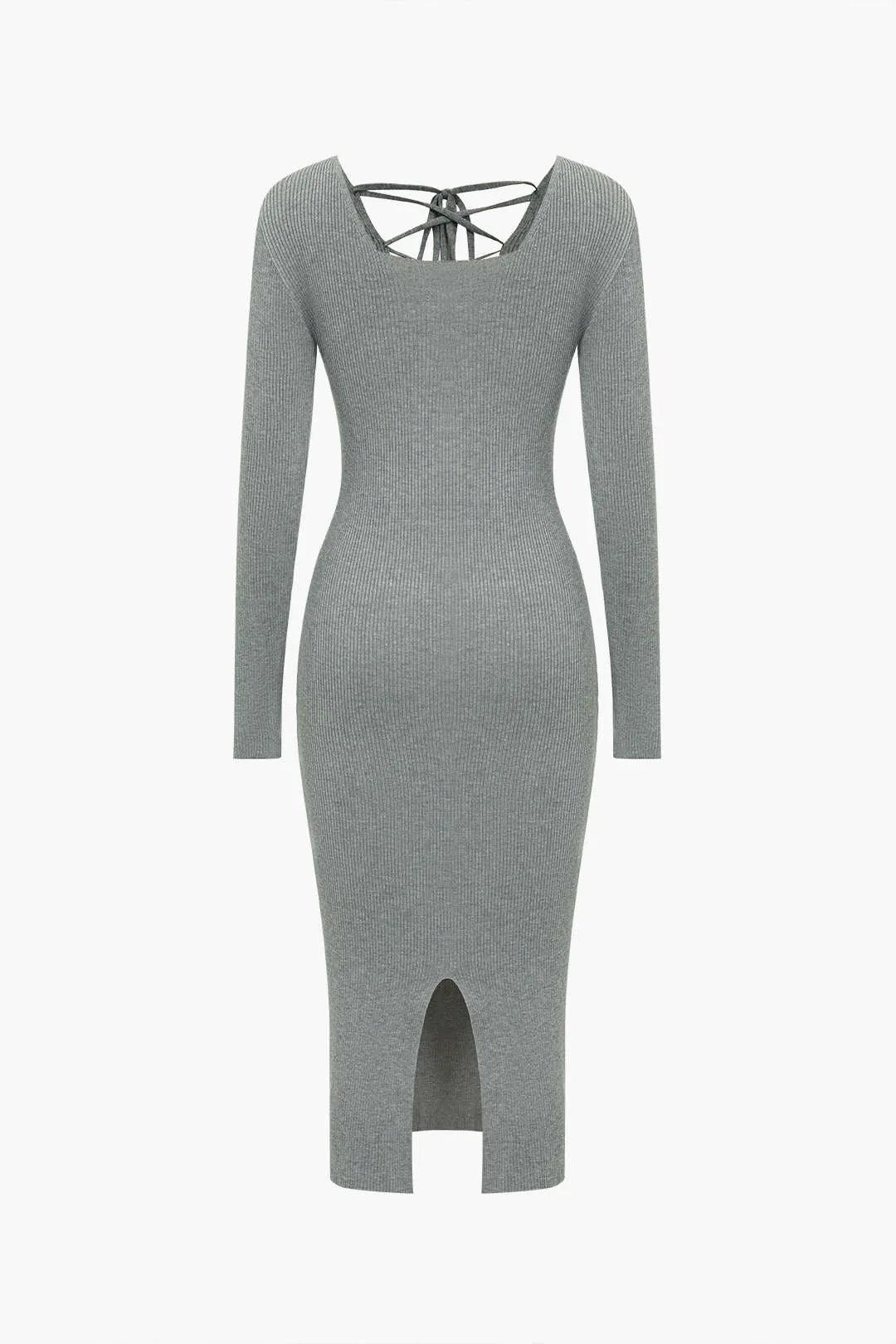 Knitted Cut Out Tie-Up Slit Long Sleeve Dress