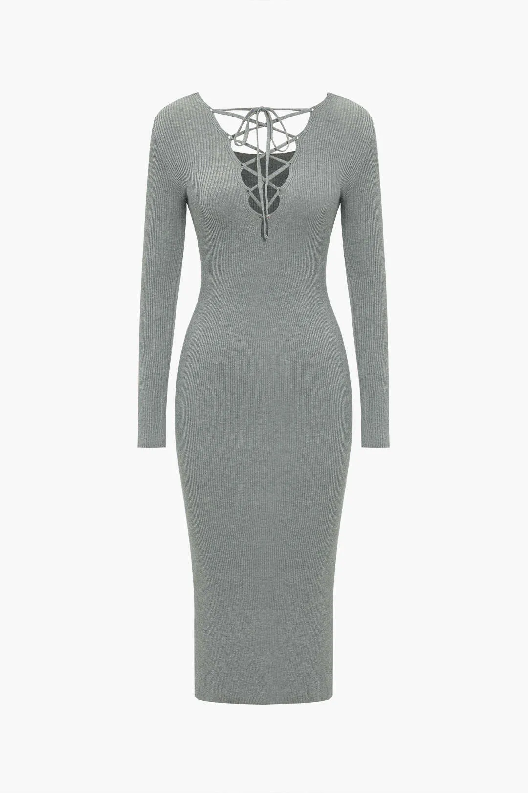 Knitted Cut Out Tie-Up Slit Long Sleeve Dress