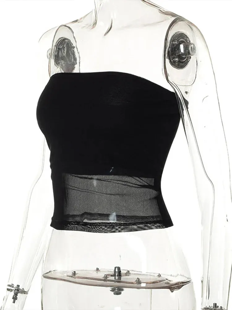 Mesh Corset Patchwork Slim Strapless Top