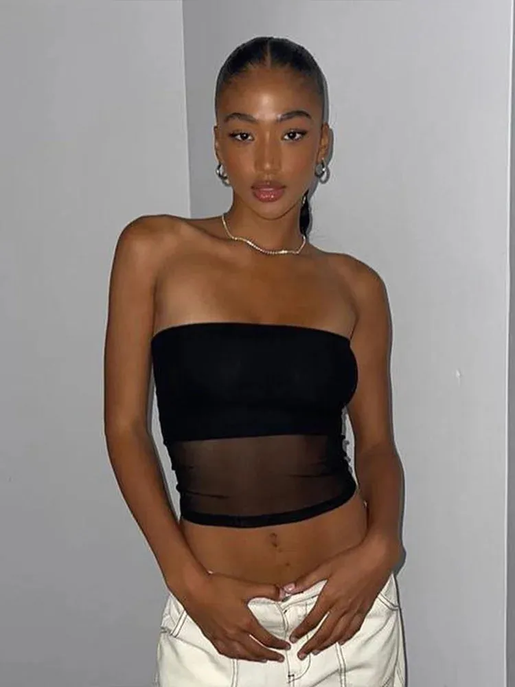 Mesh Corset Patchwork Slim Strapless Top
