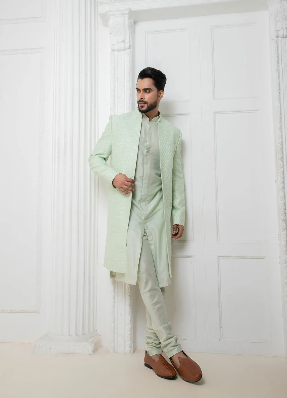 Mint Long Jacket With Kurta Set