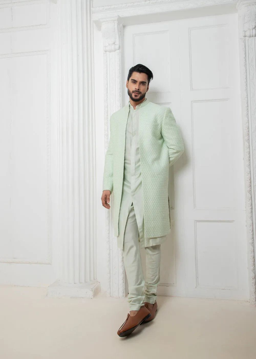 Mint Long Jacket With Kurta Set