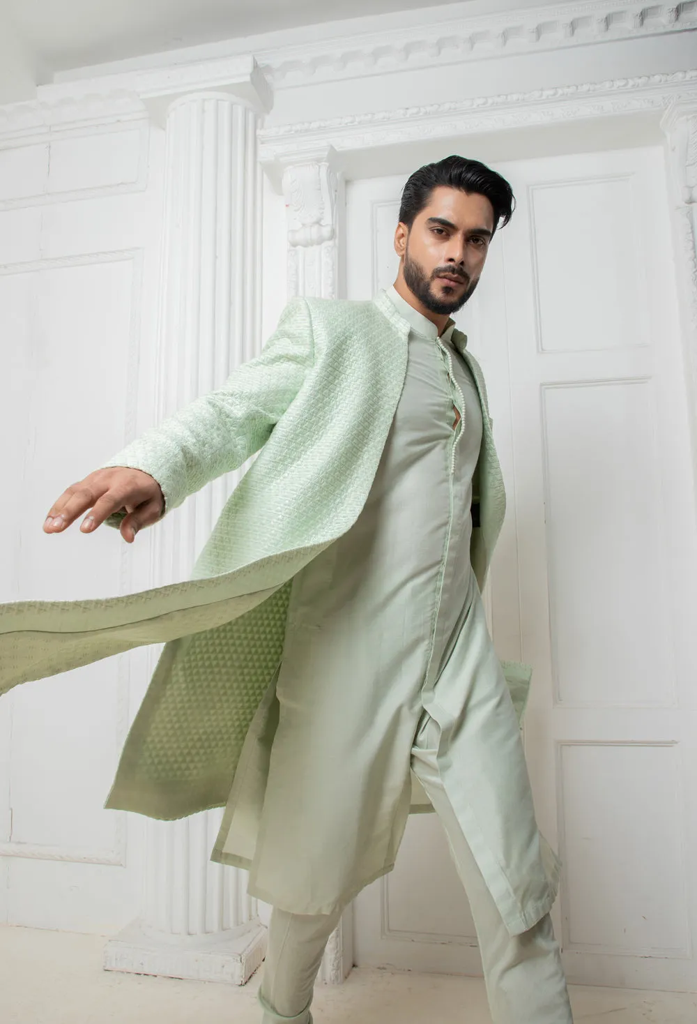 Mint Long Jacket With Kurta Set