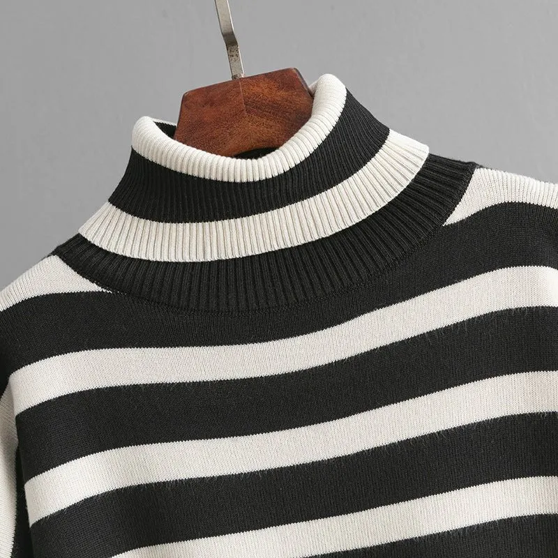 MS049 Autumn And Winter Striped Contrasting Color Turtleneck Loose Knitted Sweater 2-Piece Set