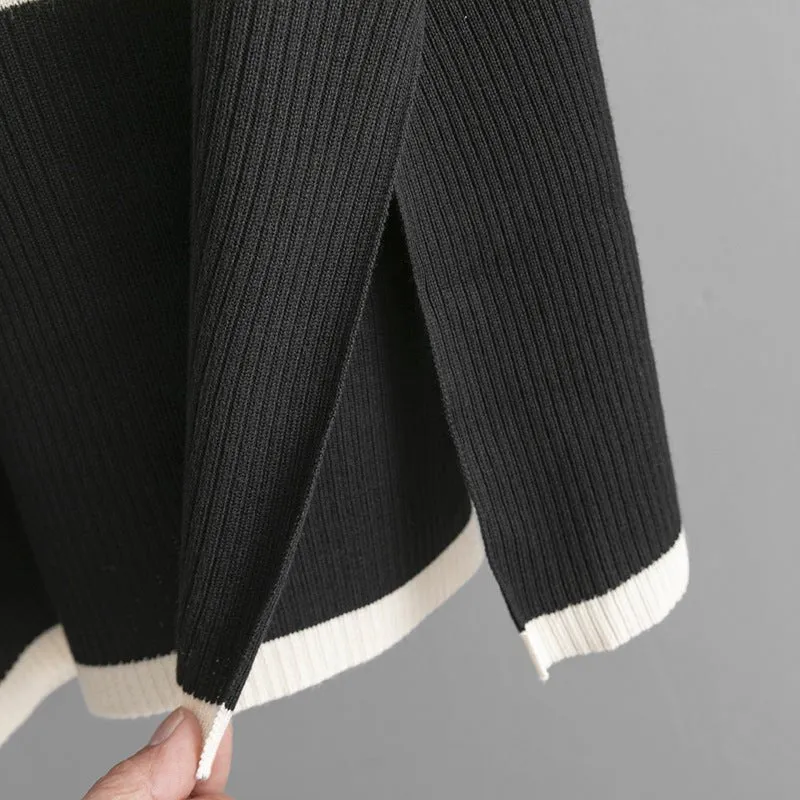 MS049 Autumn And Winter Striped Contrasting Color Turtleneck Loose Knitted Sweater 2-Piece Set