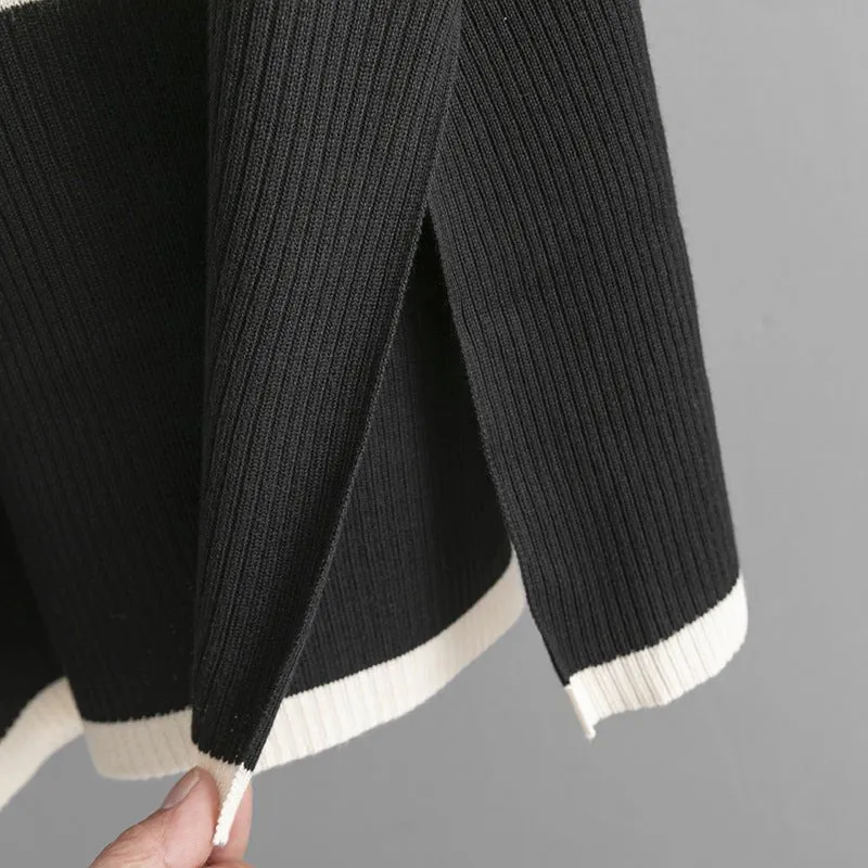 MS049 Autumn And Winter Striped Contrasting Color Turtleneck Loose Knitted Sweater 2-Piece Set