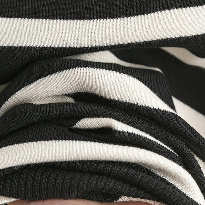 MS049 Autumn And Winter Striped Contrasting Color Turtleneck Loose Knitted Sweater 2-Piece Set