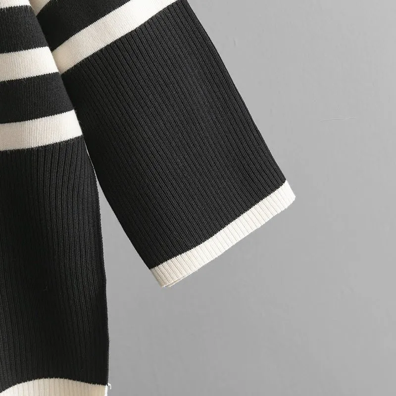 MS049 Autumn And Winter Striped Contrasting Color Turtleneck Loose Knitted Sweater 2-Piece Set