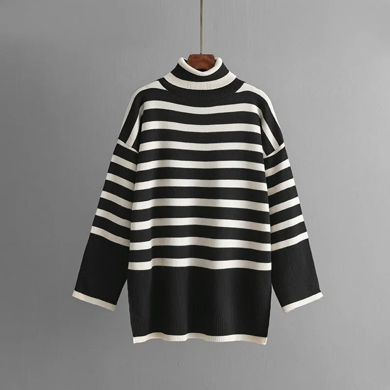 MS049 Autumn And Winter Striped Contrasting Color Turtleneck Loose Knitted Sweater 2-Piece Set