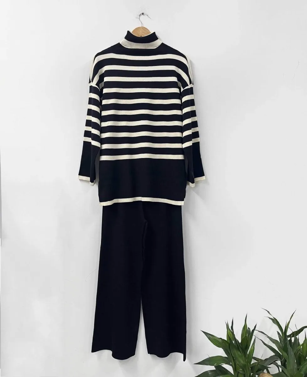 MS049 Autumn And Winter Striped Contrasting Color Turtleneck Loose Knitted Sweater 2-Piece Set