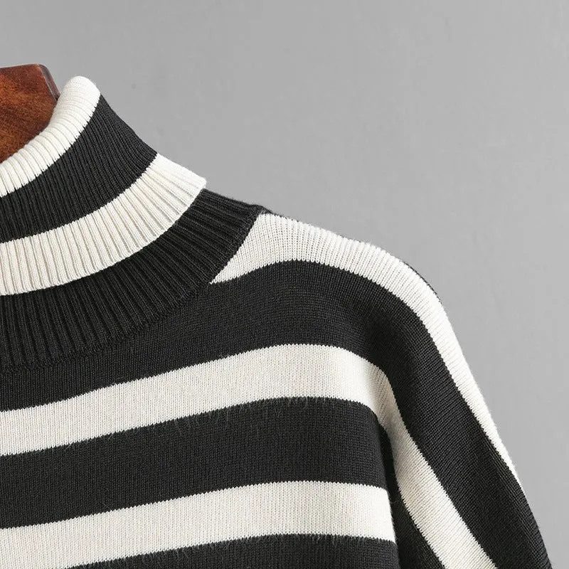 MS049 Autumn And Winter Striped Contrasting Color Turtleneck Loose Knitted Sweater 2-Piece Set