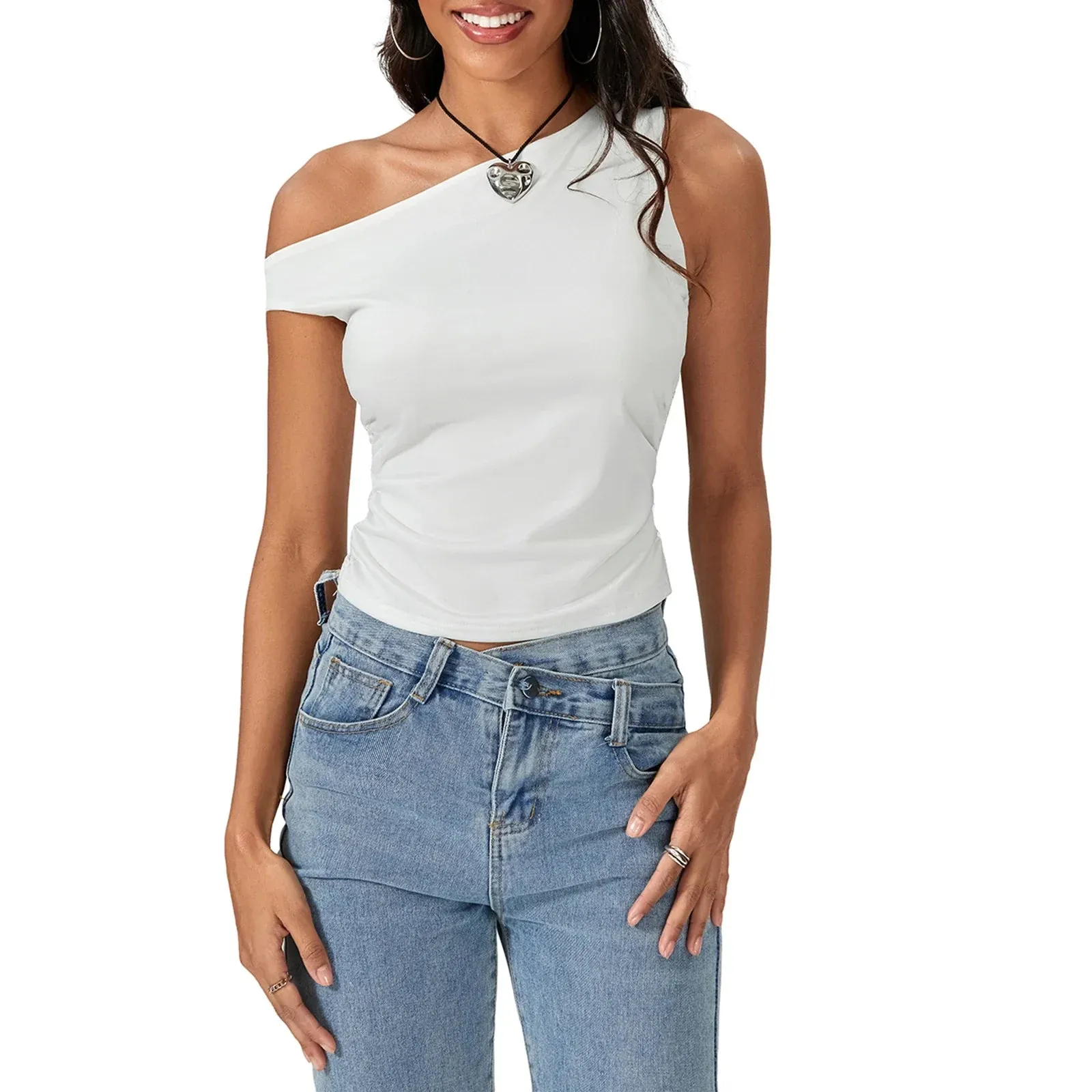 Off The Shoulder Tops Y2K Cute Going Out Slim Fitted Ruched Crop Tank Crop Sleeveless Top