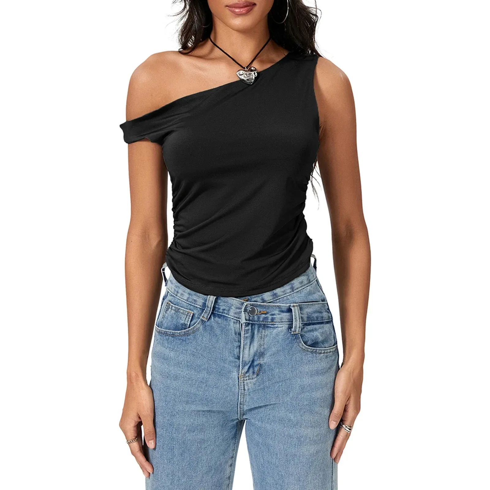Off The Shoulder Tops Y2K Cute Going Out Slim Fitted Ruched Crop Tank Crop Sleeveless Top