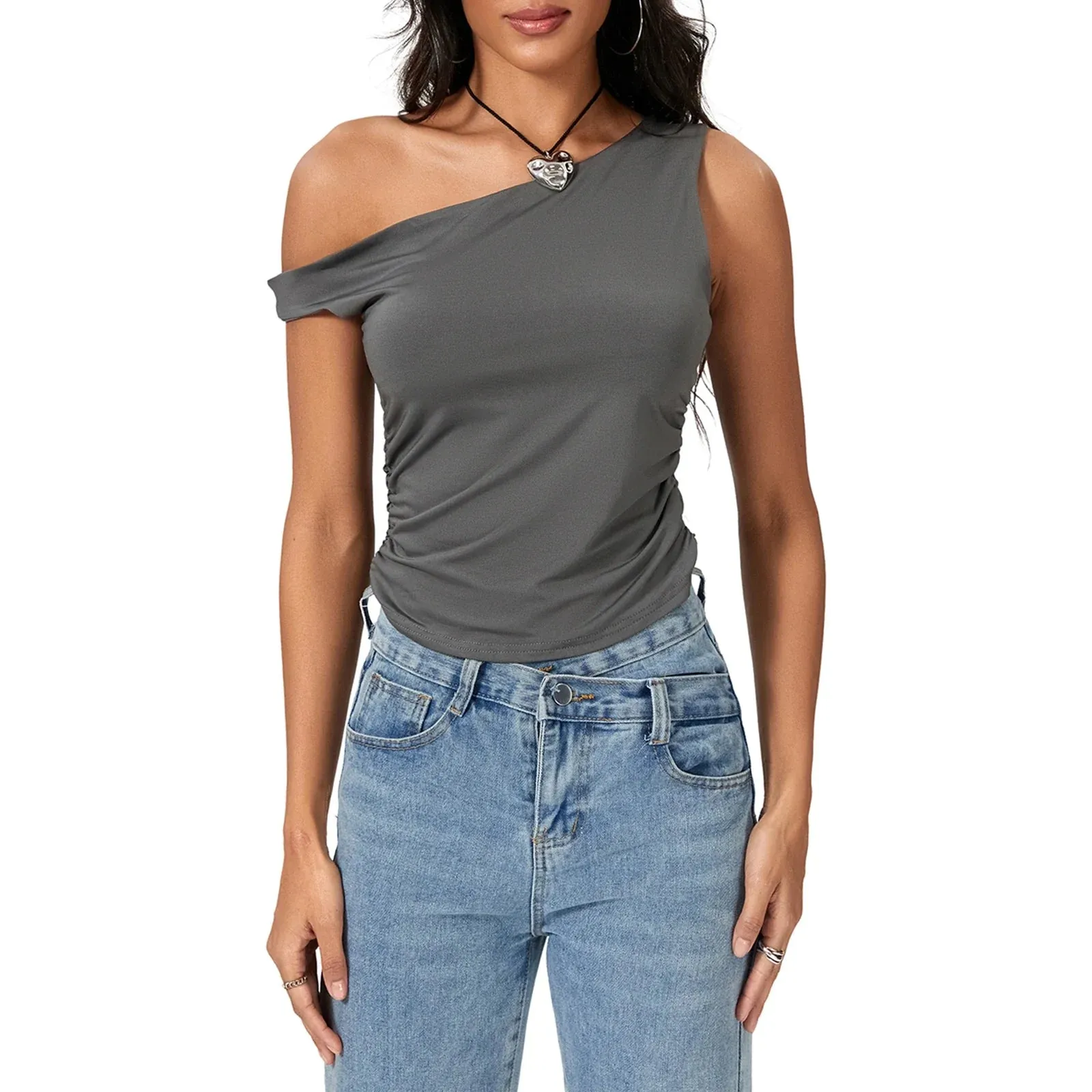 Off The Shoulder Tops Y2K Cute Going Out Slim Fitted Ruched Crop Tank Crop Sleeveless Top