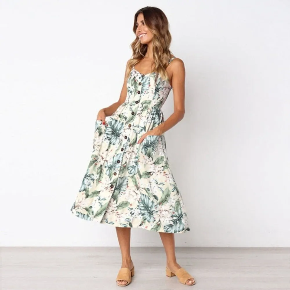 Print Floral Stripe Long Dress Sexy V-Neck