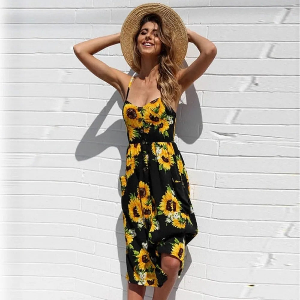 Print Floral Stripe Long Dress Sexy V-Neck
