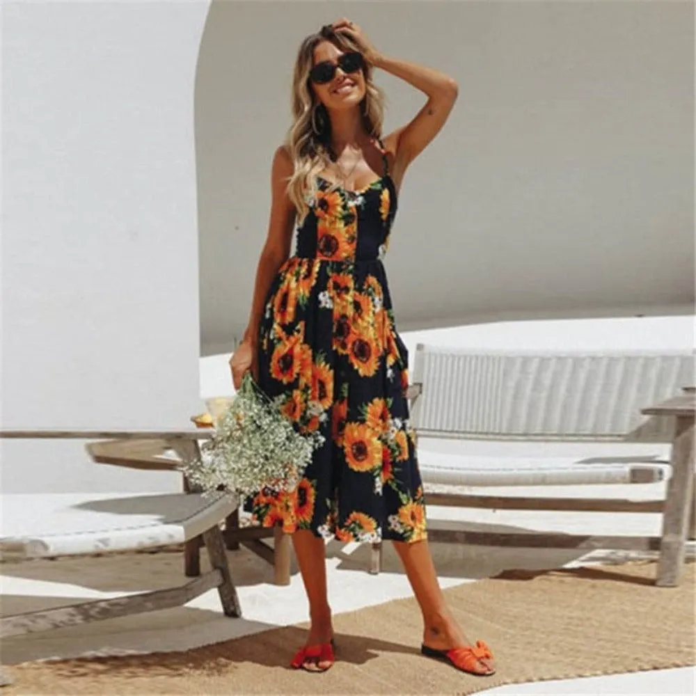 Print Floral Stripe Long Dress Sexy V-Neck