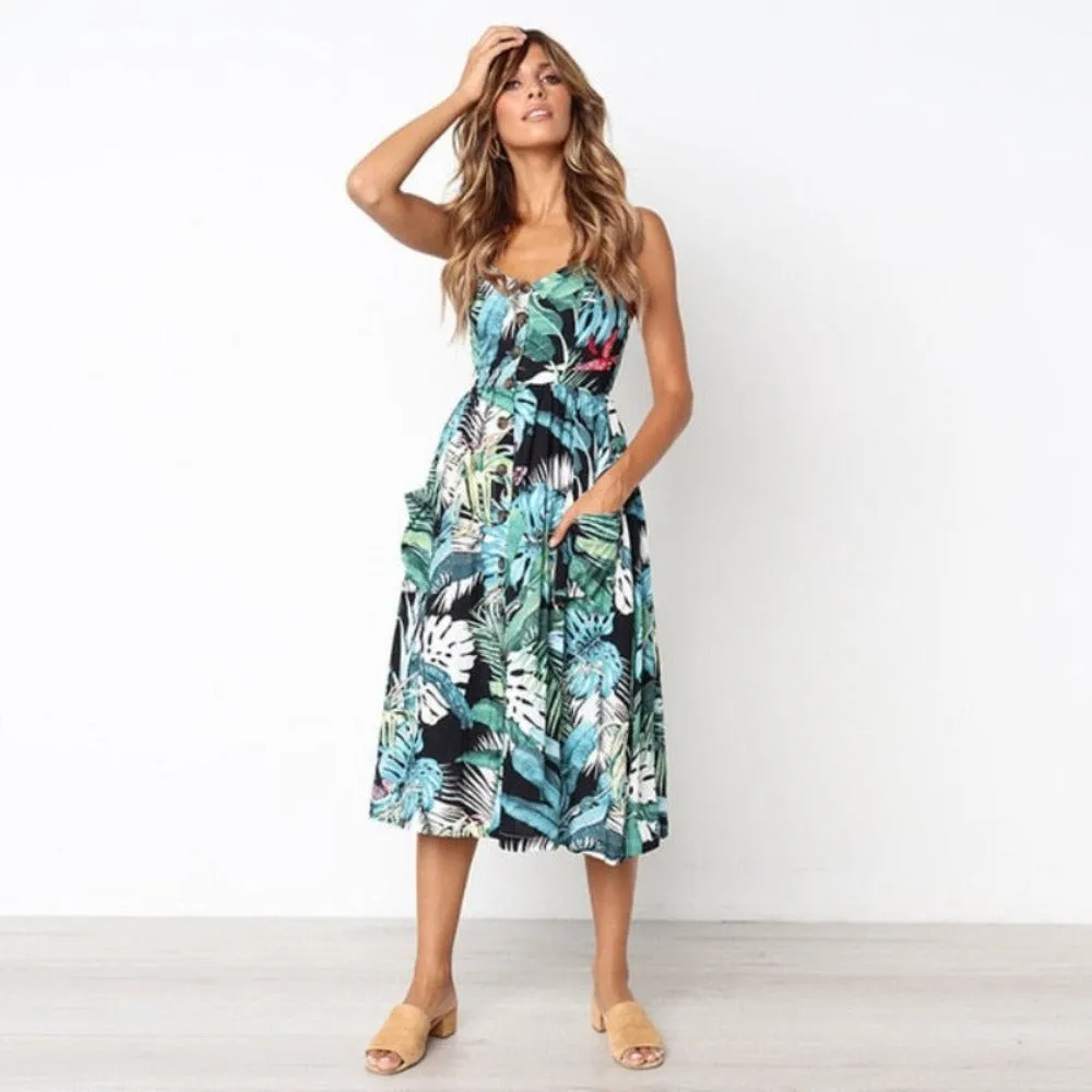 Print Floral Stripe Long Dress Sexy V-Neck