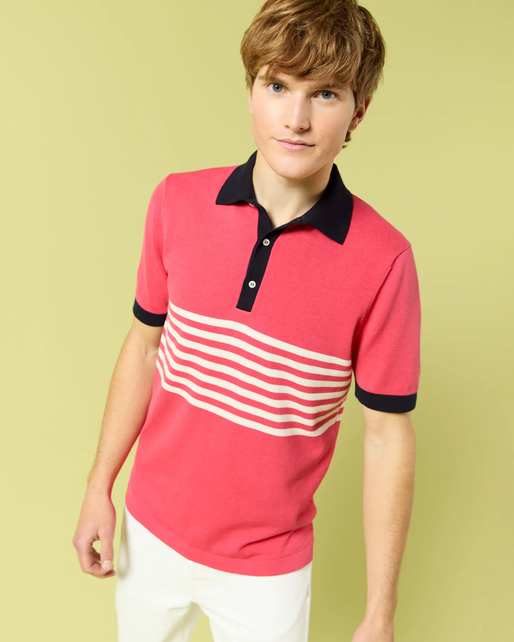 Rally Polo Sweater in Watermelon/Navy/Chalk Cotton