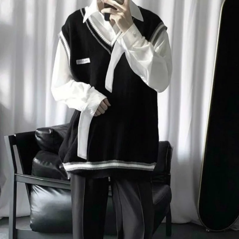 Riolio Sweater Vest Men V-neck Patchwork Leisure Loose All-match Streetwear Sleeveless Sweaters Mens Chic Korean Style Teens Couples BF