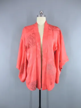 Vintage 1950s Silk Haori Kimono Jacket Cardigan with Coral Pink Floral Embroidery