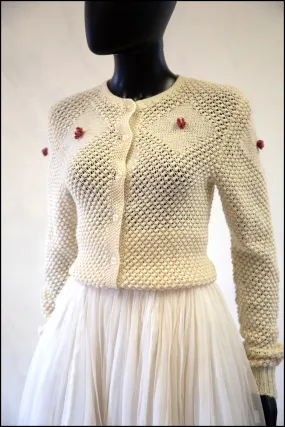 Vintage 1970s Cream Hand Knit Wool Rose Cardigan