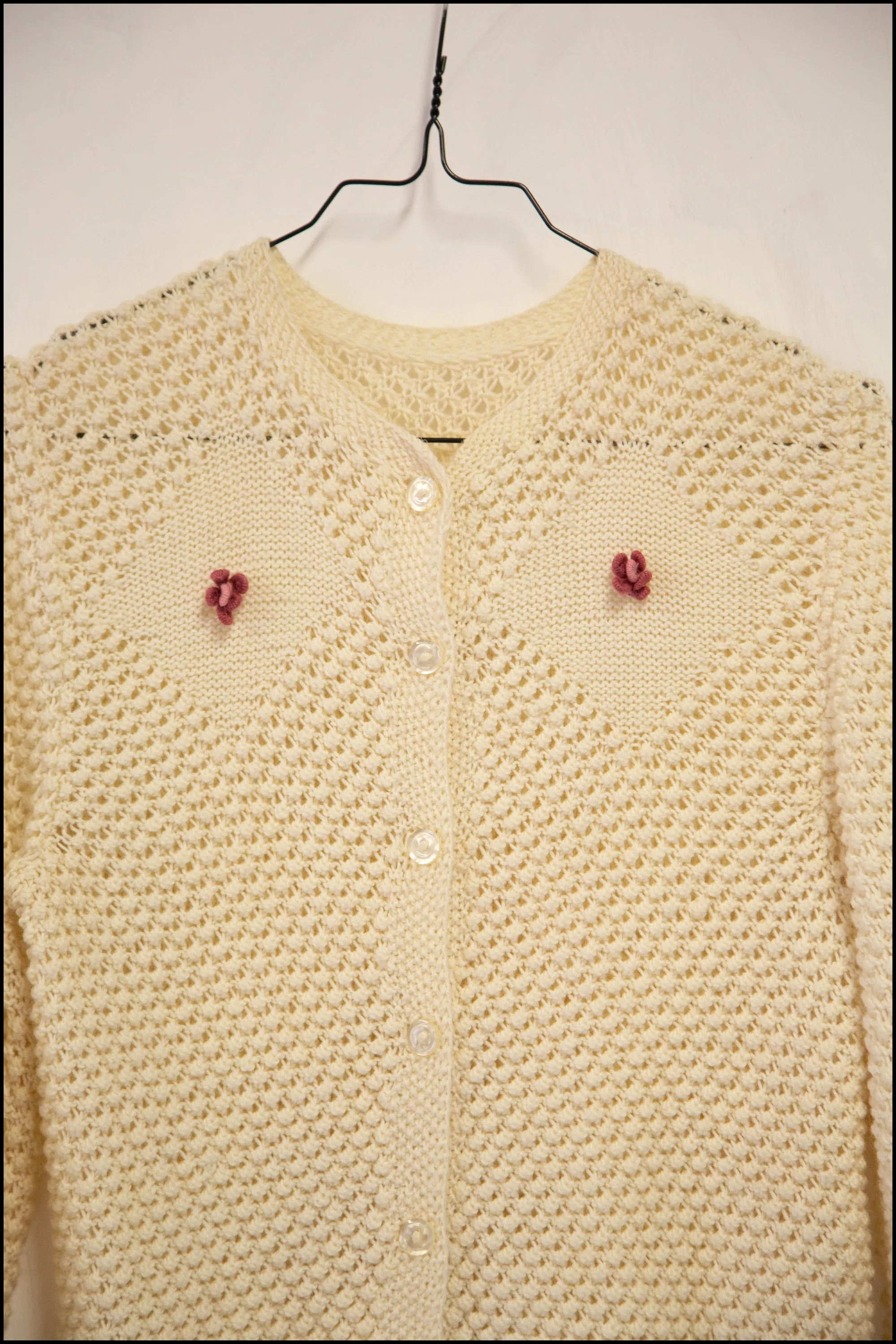 Vintage 1970s Cream Hand Knit Wool Rose Cardigan