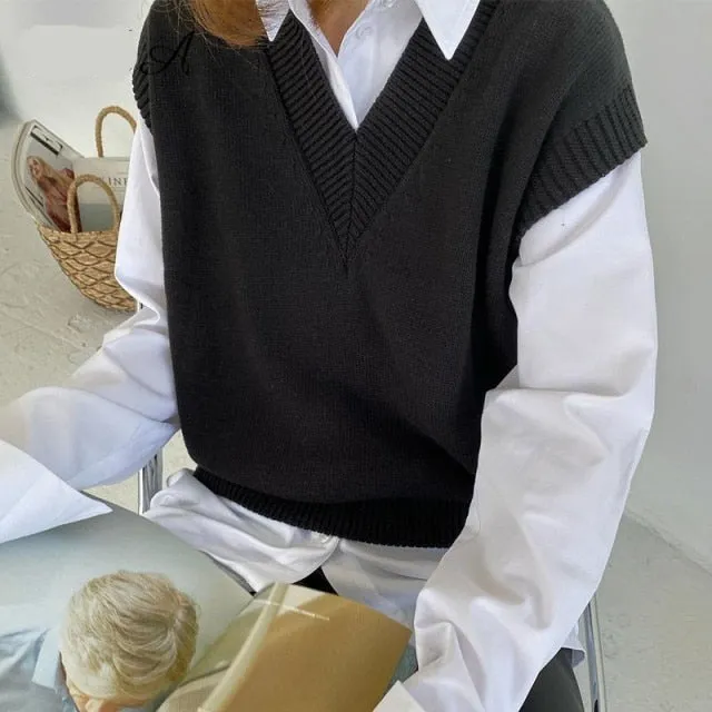 Voguable V Neck Knitted Vest Sweater Sleeveless Women Khaki Casual Pullover Black  Autumn Winter Gray Jumper Fashion