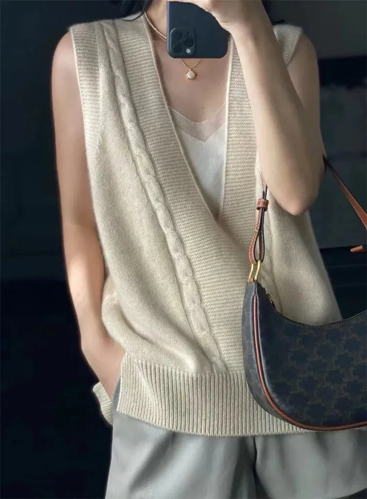 Voguable V Neck Knitted Vest Sweater Sleeveless Women Khaki Casual Pullover Black  Autumn Winter Gray Jumper Fashion
