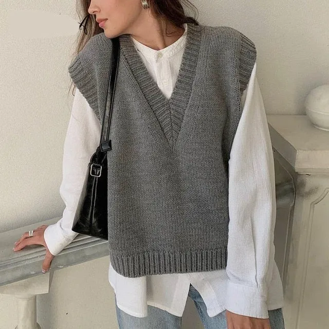 Voguable V Neck Knitted Vest Sweater Sleeveless Women Khaki Casual Pullover Black  Autumn Winter Gray Jumper Fashion