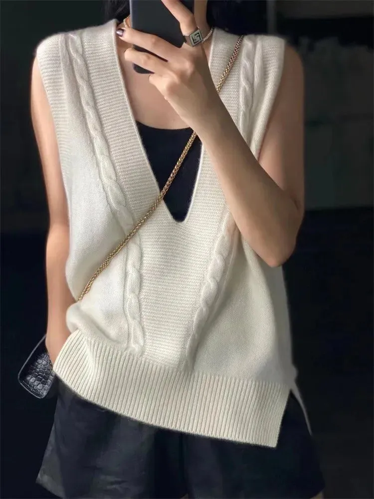 Voguable V Neck Knitted Vest Sweater Sleeveless Women Khaki Casual Pullover Black  Autumn Winter Gray Jumper Fashion