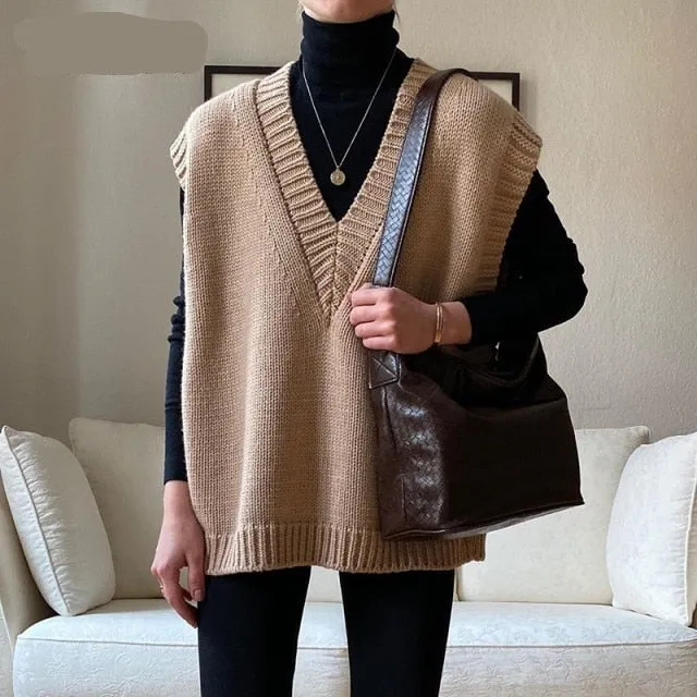 Voguable V Neck Knitted Vest Sweater Sleeveless Women Khaki Casual Pullover Black  Autumn Winter Gray Jumper Fashion