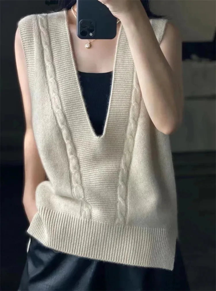 Voguable V Neck Knitted Vest Sweater Sleeveless Women Khaki Casual Pullover Black  Autumn Winter Gray Jumper Fashion