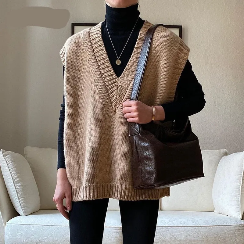 Voguable V Neck Knitted Vest Sweater Sleeveless Women Khaki Casual Pullover Black  Autumn Winter Gray Jumper Fashion