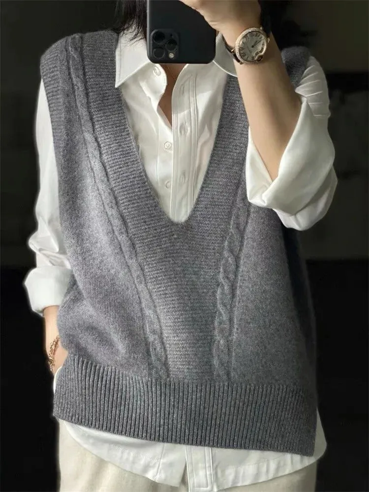 Voguable V Neck Knitted Vest Sweater Sleeveless Women Khaki Casual Pullover Black  Autumn Winter Gray Jumper Fashion
