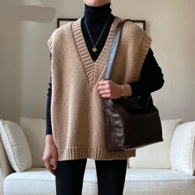 Voguable V Neck Knitted Vest Sweater Sleeveless Women Khaki Casual Pullover Black  Autumn Winter Gray Jumper Fashion