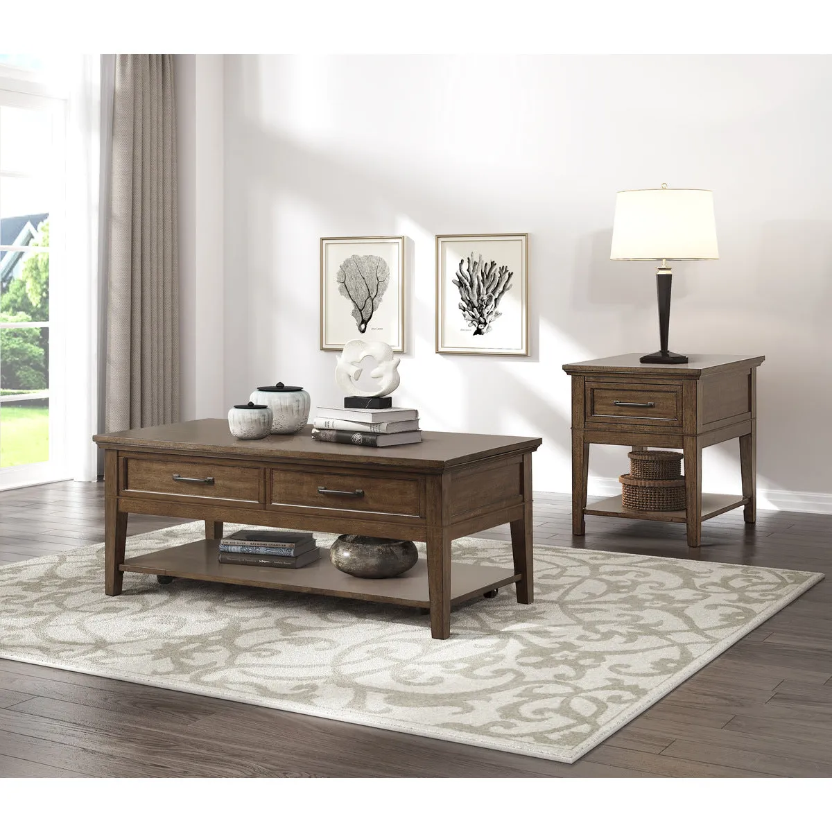 Walnut Finish Birch Veneer End Table with Drawer and Shelf